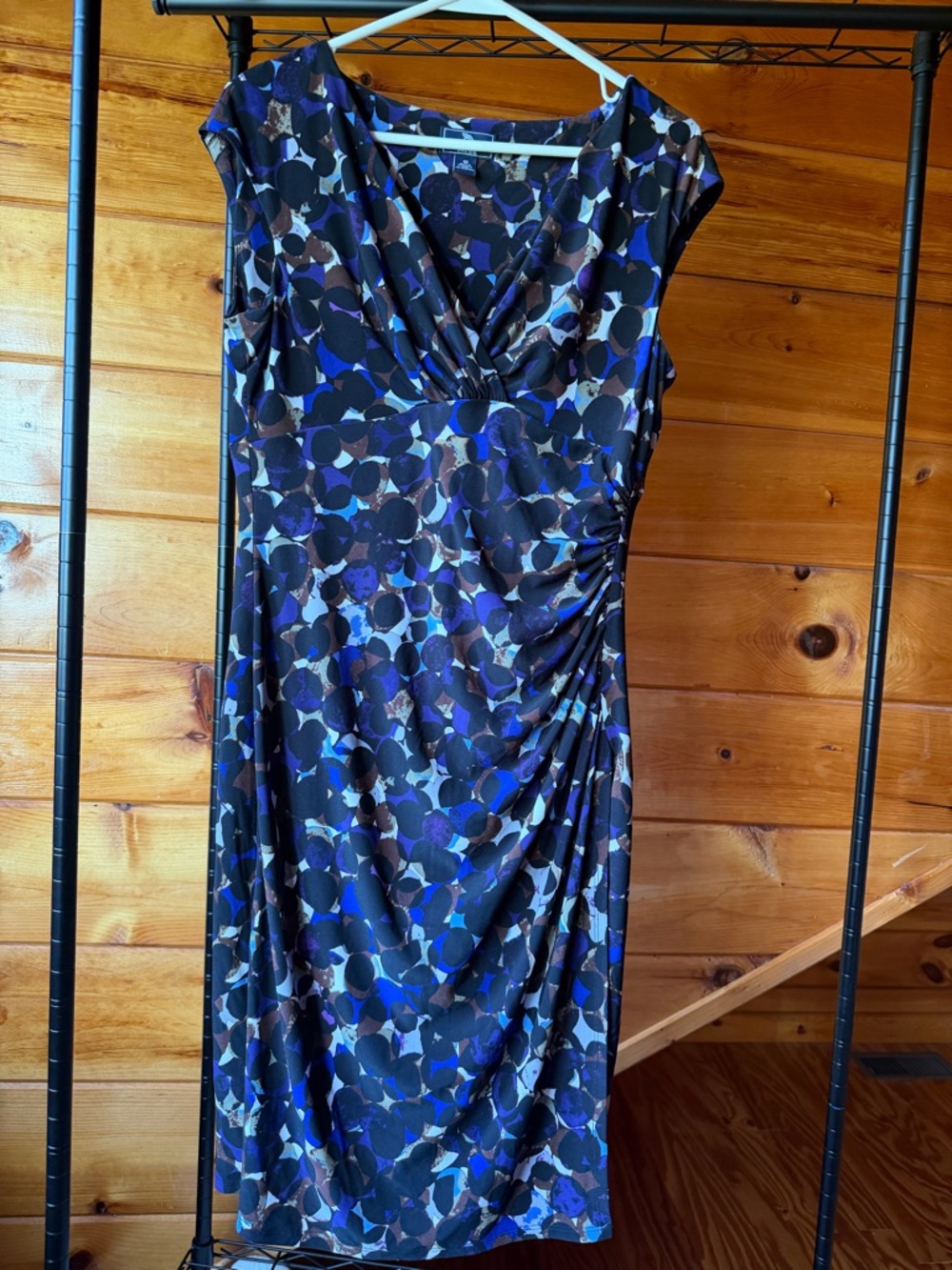 American Living Sz 10 Blue, Black & Brown Cap-Sleeve Ruched Midi Dress